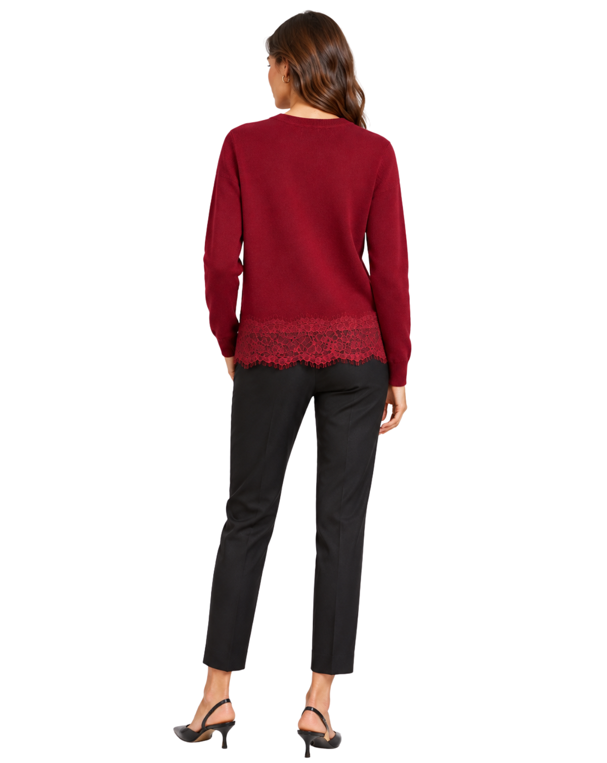 A woman shown from the back wearing a burgundy long-sleeve knit top with a lace hem, paired with black pants and black high heels, against a plain white background.