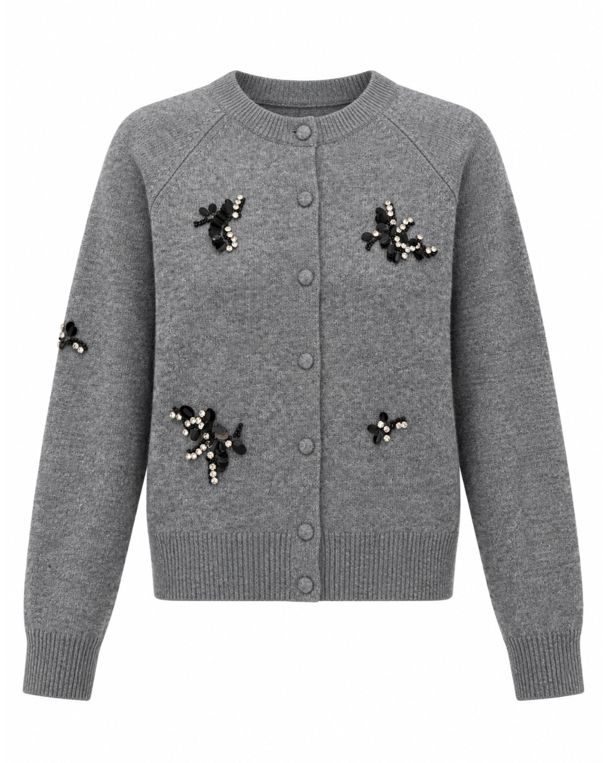 A gray knit cardigan sweater with button-front closure and decorative black and white beaded floral motifs on the front and sleeves, shown on a plain white background.
