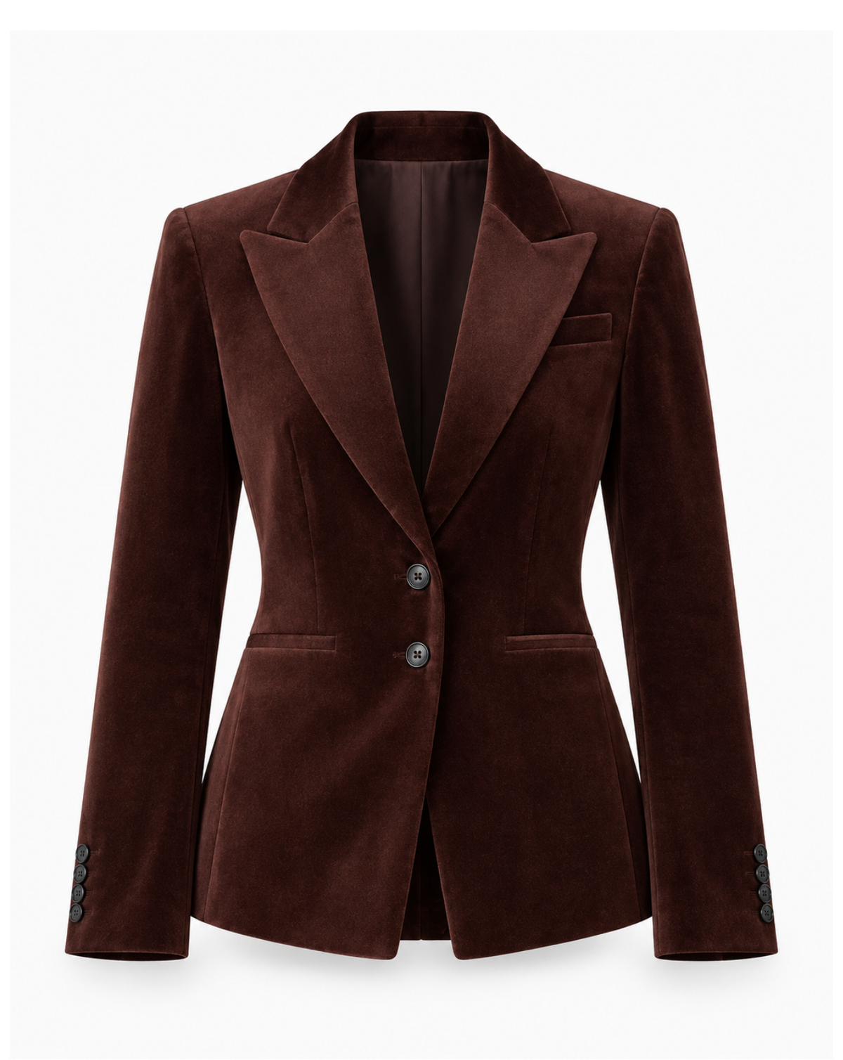 A dark brown velvet blazer with notched lapels, a two-button front closure, and flap pockets, shown on a plain white background.