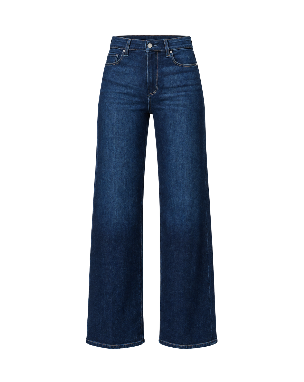 A pair of dark blue wide-leg jeans with a high waist and medium wash fading, shown against a plain white background.