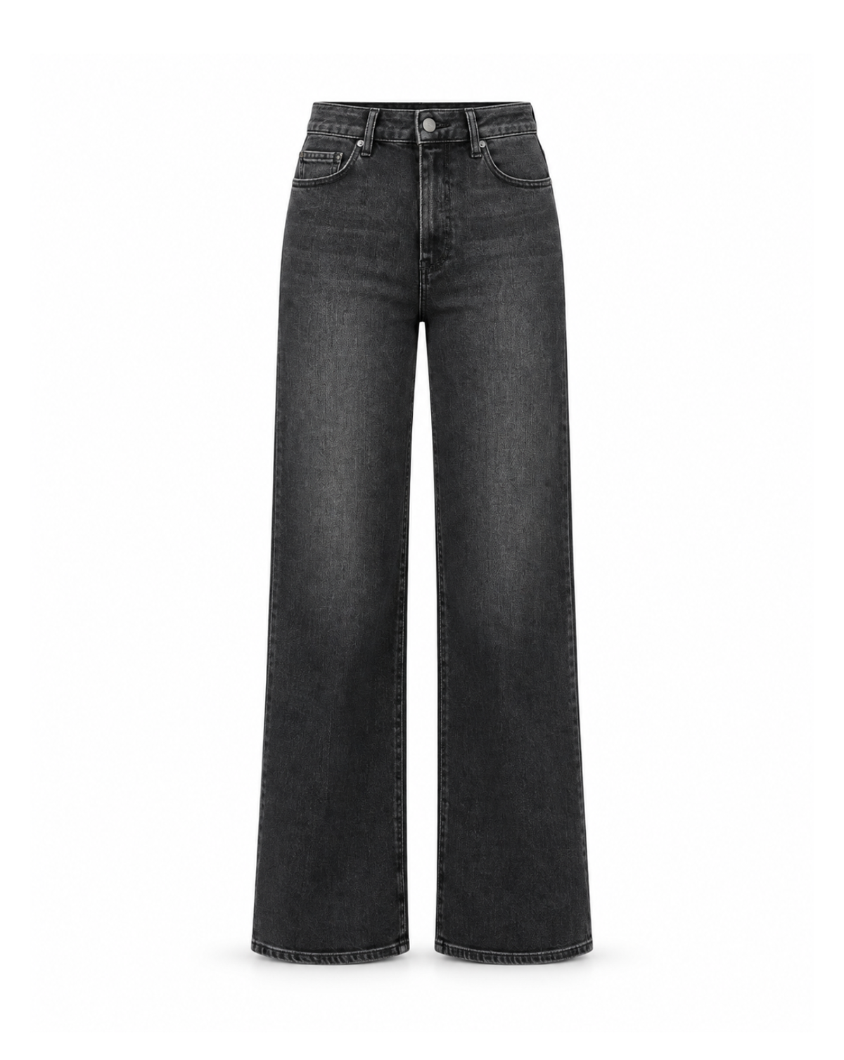 A pair of wide-leg dark gray washed denim jeans shown flat against a solid white background.