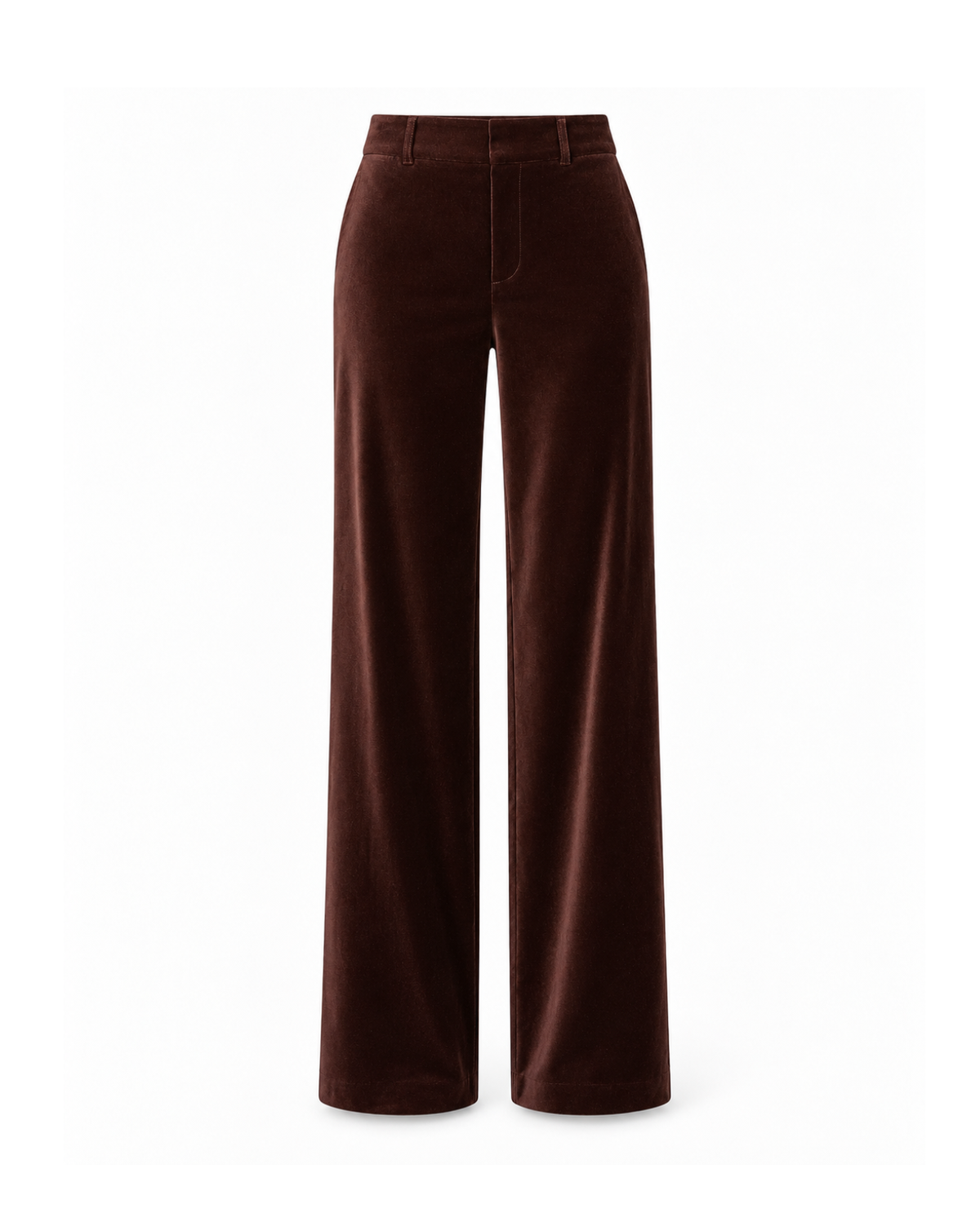 A pair of dark brown velvet wide-leg trousers shown on a clean white background.