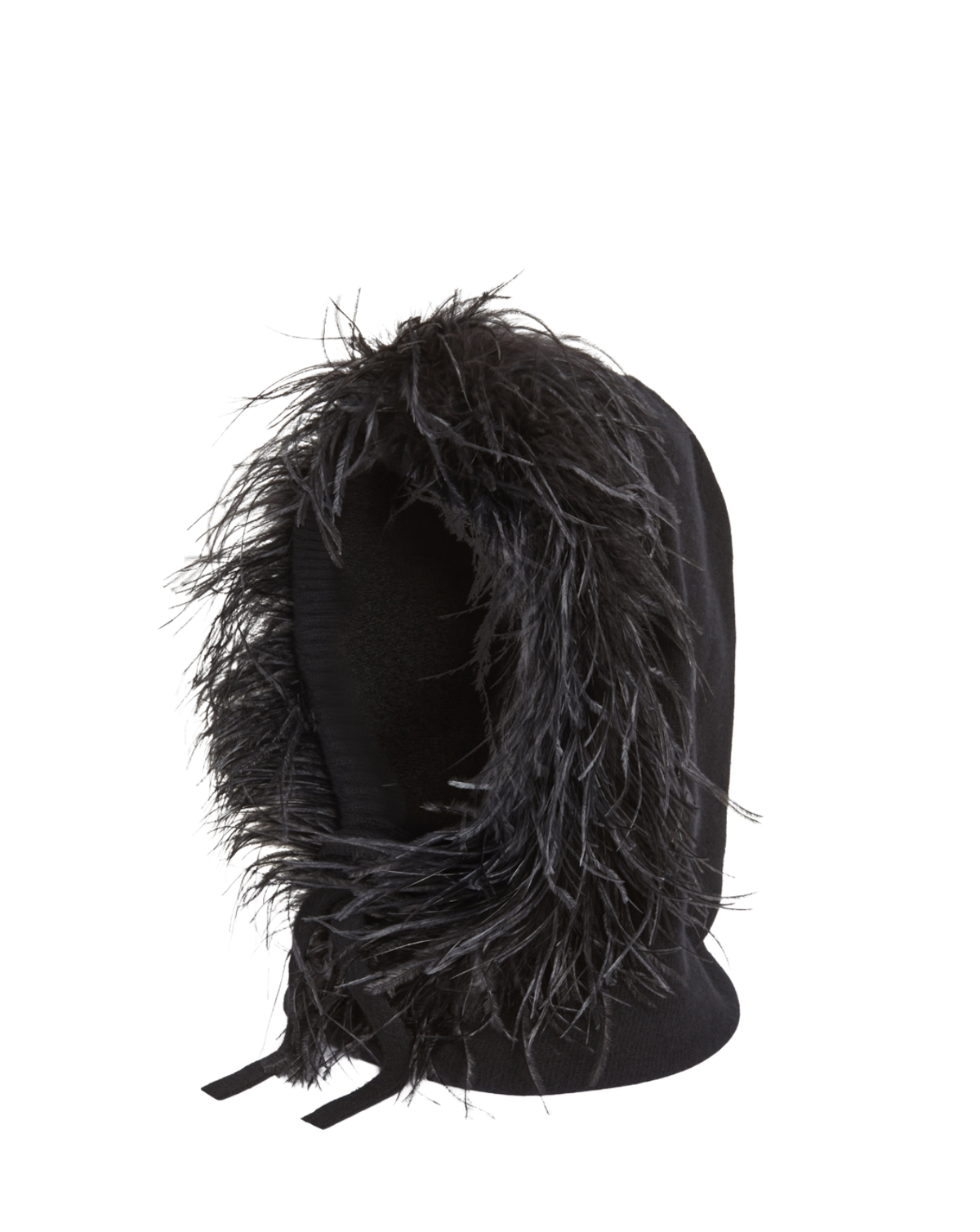 A black bonnet with a voluminous black feather trim, shown from a side profile on a solid white background.