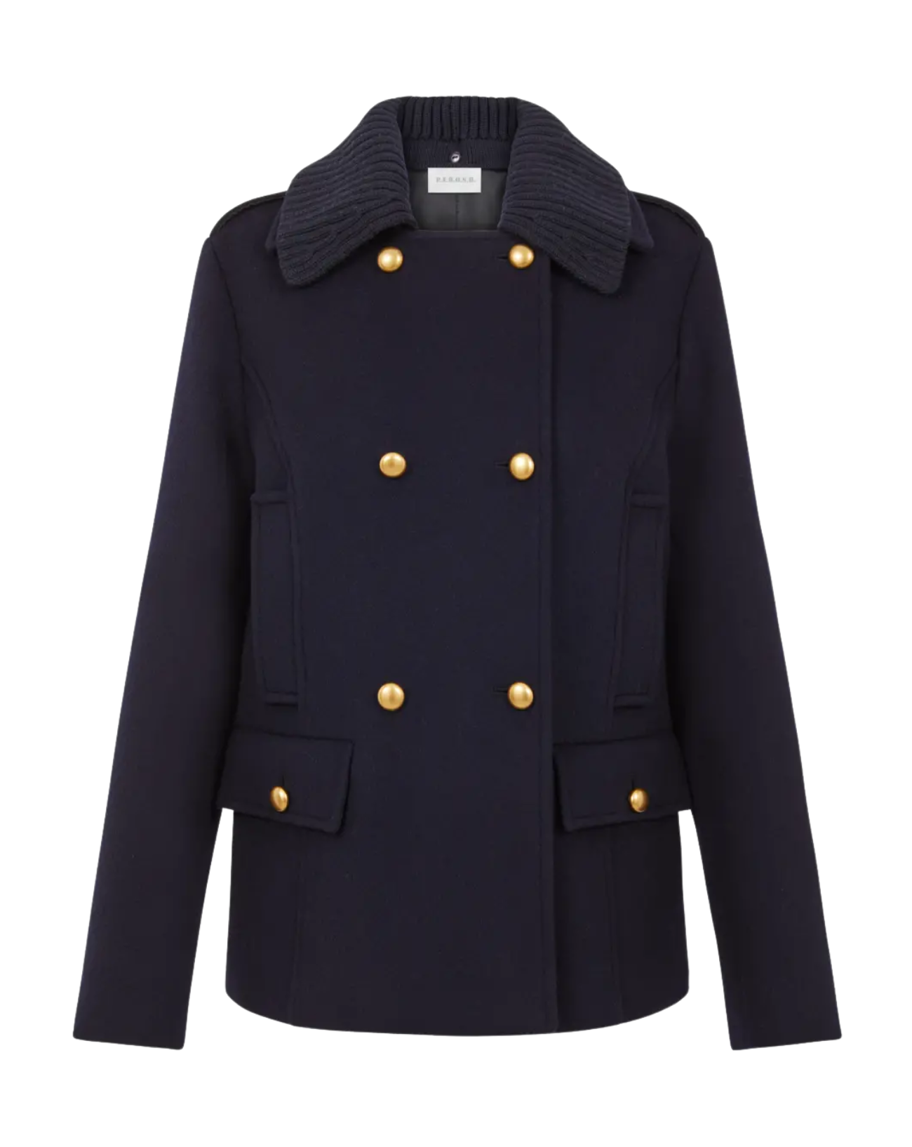 Navy peacoat with gold buttons on a white background