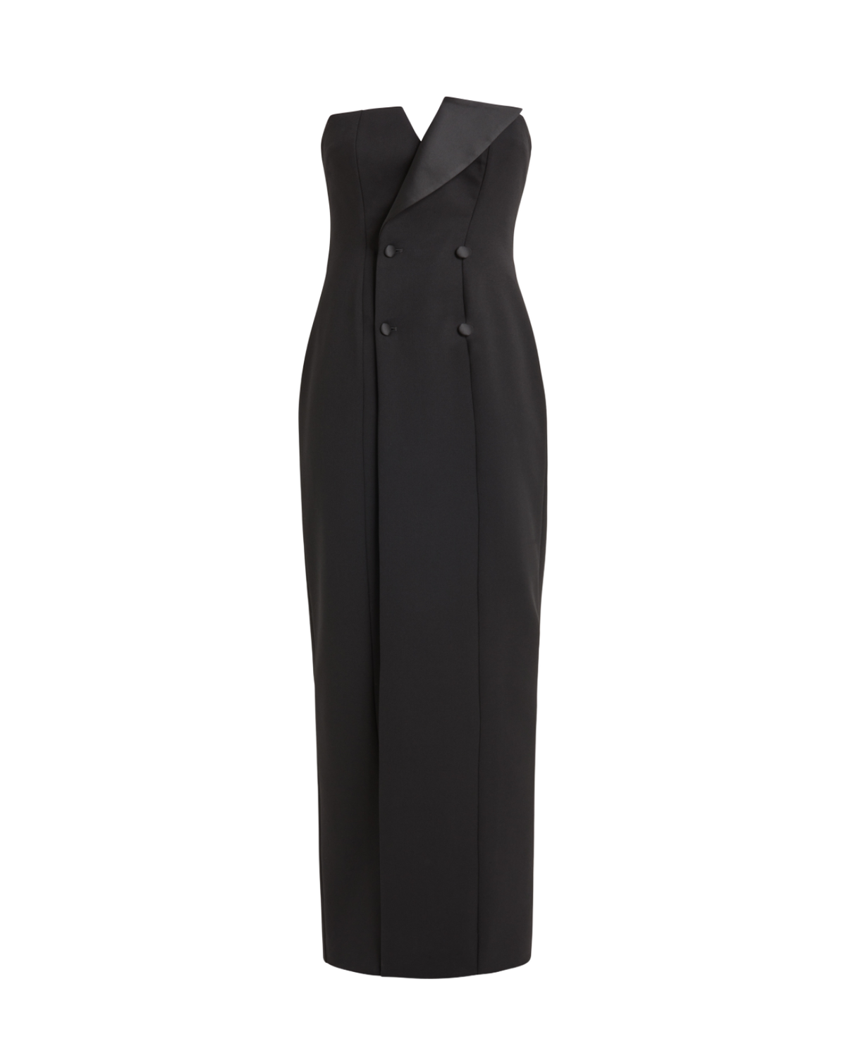 A sleeveless black midi dress with a structured collar and double-breasted front buttons, shown on a plain white background.