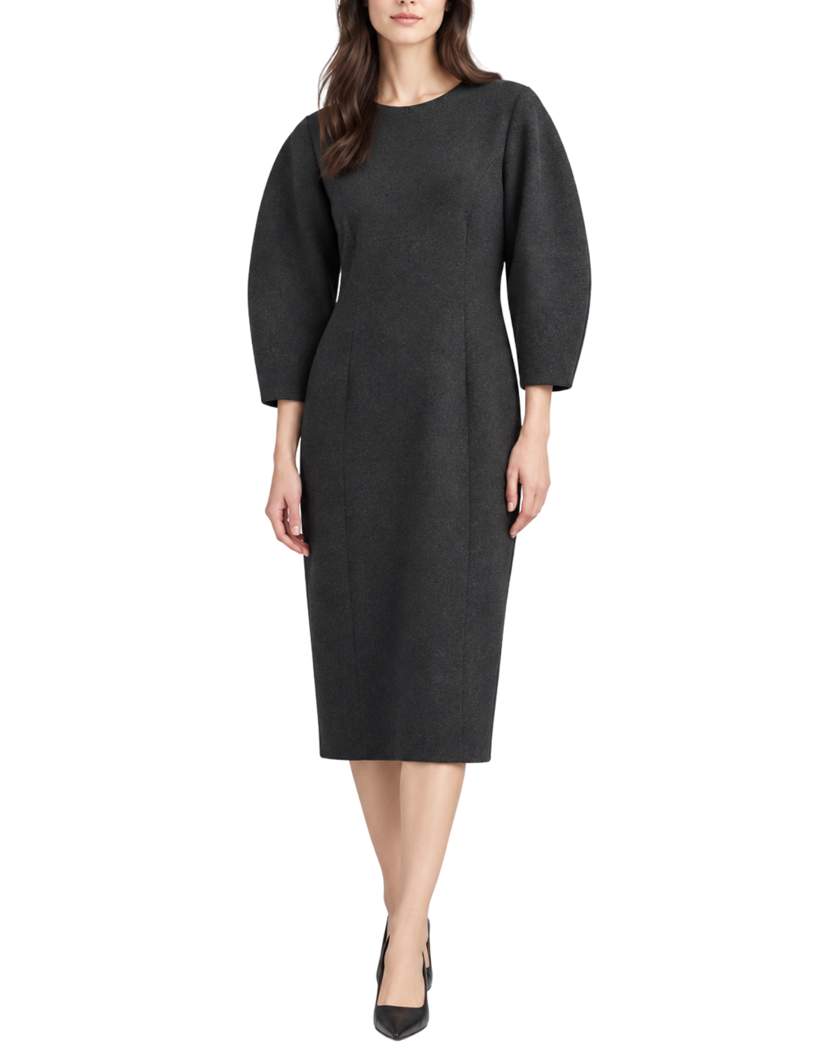 A woman modeling a dark charcoal gray midi dress with three-quarter balloon sleeves, a round neckline, and a structured pencil silhouette, paired with black pointed-toe heels against a plain white background.