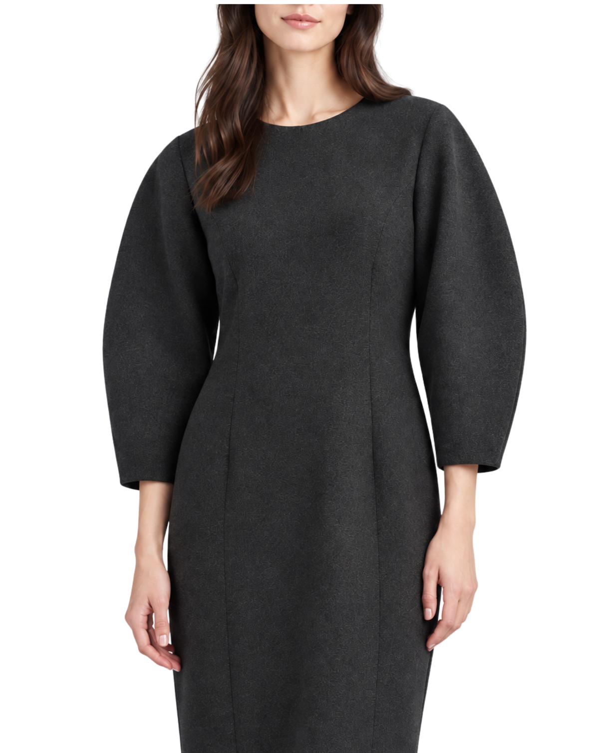 A woman wearing a dark charcoal gray wool-blend dress with voluminous elbow-length sleeves and a round neckline, shown against a plain white studio background.