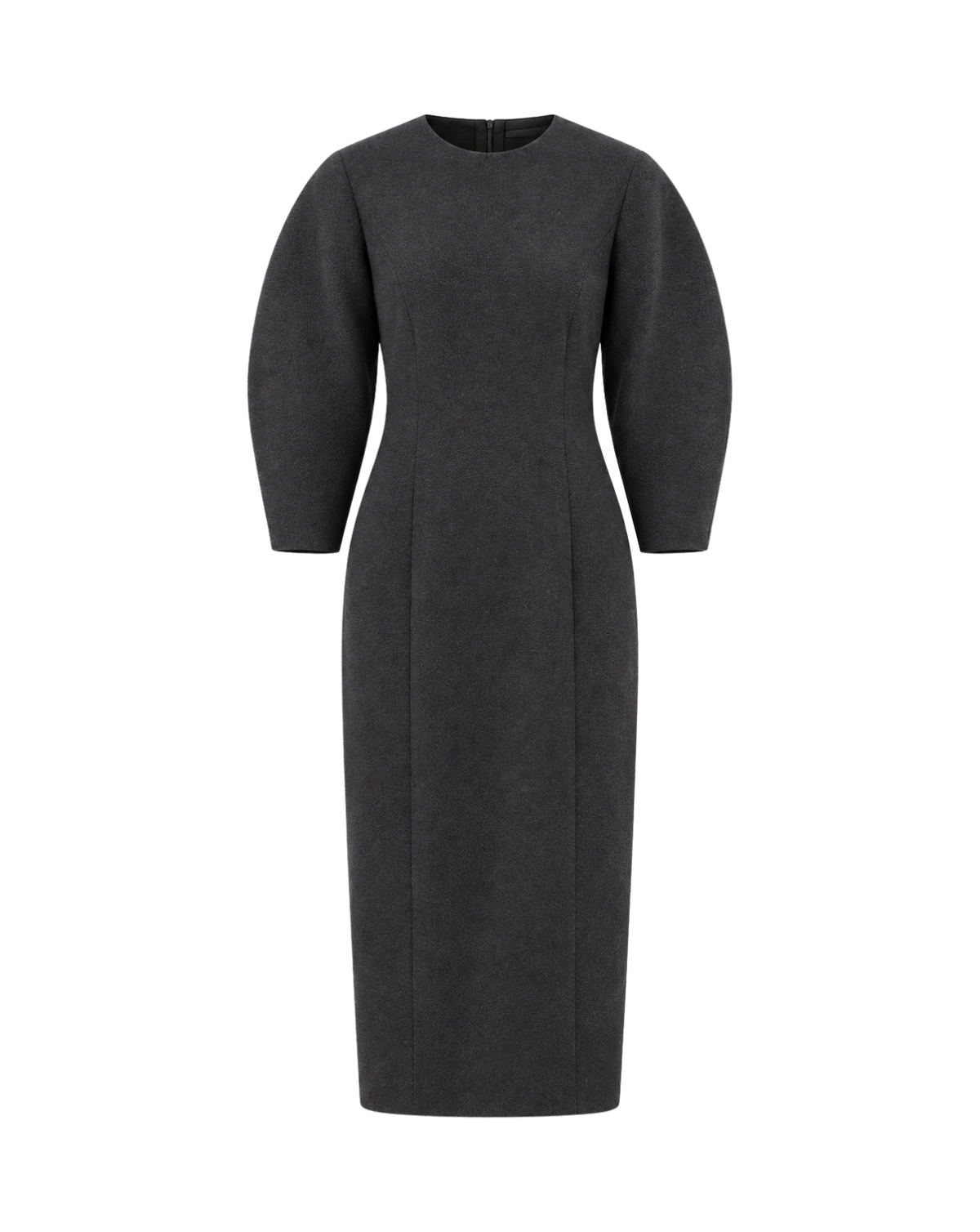 A dark gray midi-length dress with three-quarter puff sleeves and a round neckline, shown on a plain white background.