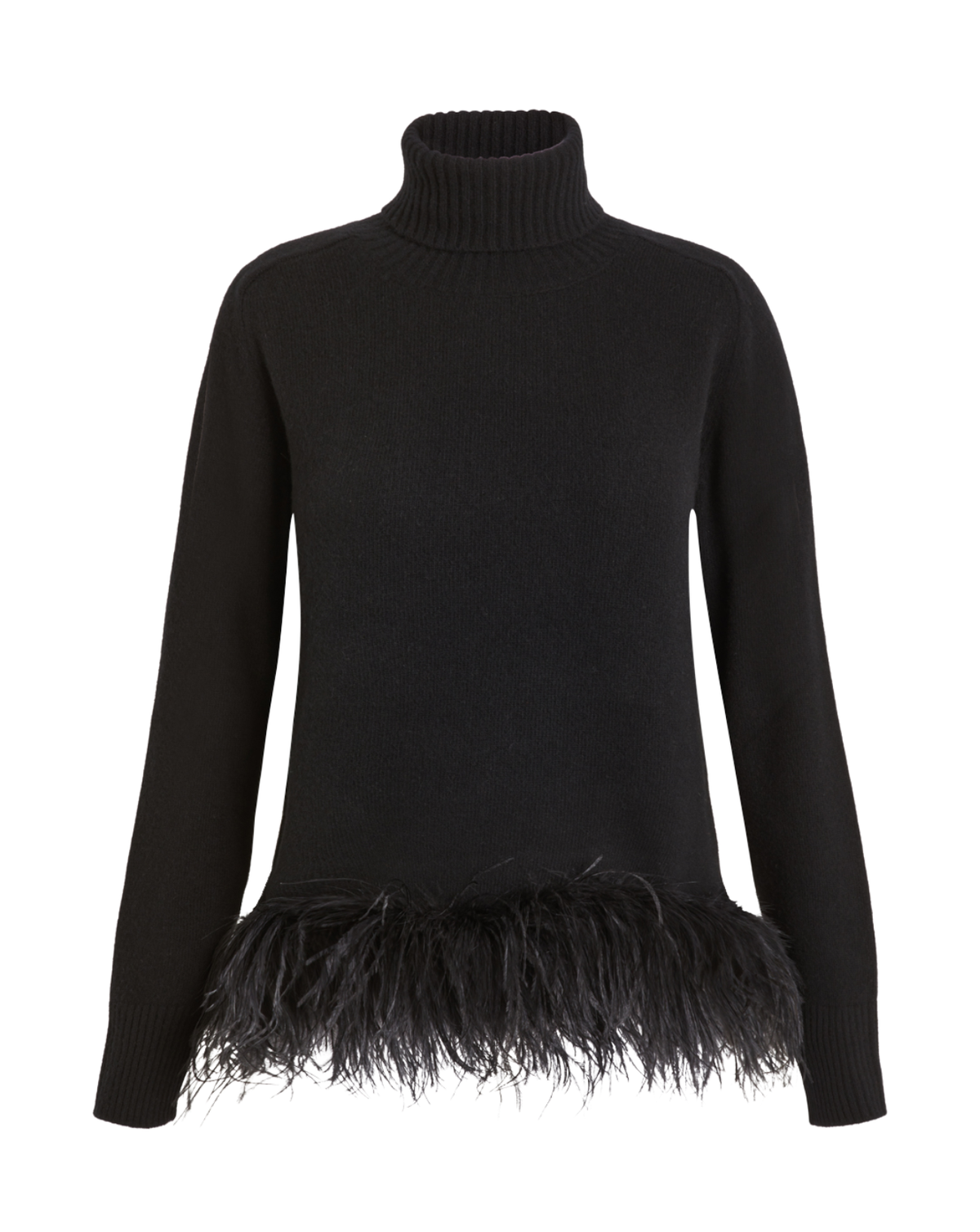 A black long-sleeve turtleneck sweater featuring a decorative black feather trim along the hem, displayed on a clean white background.
