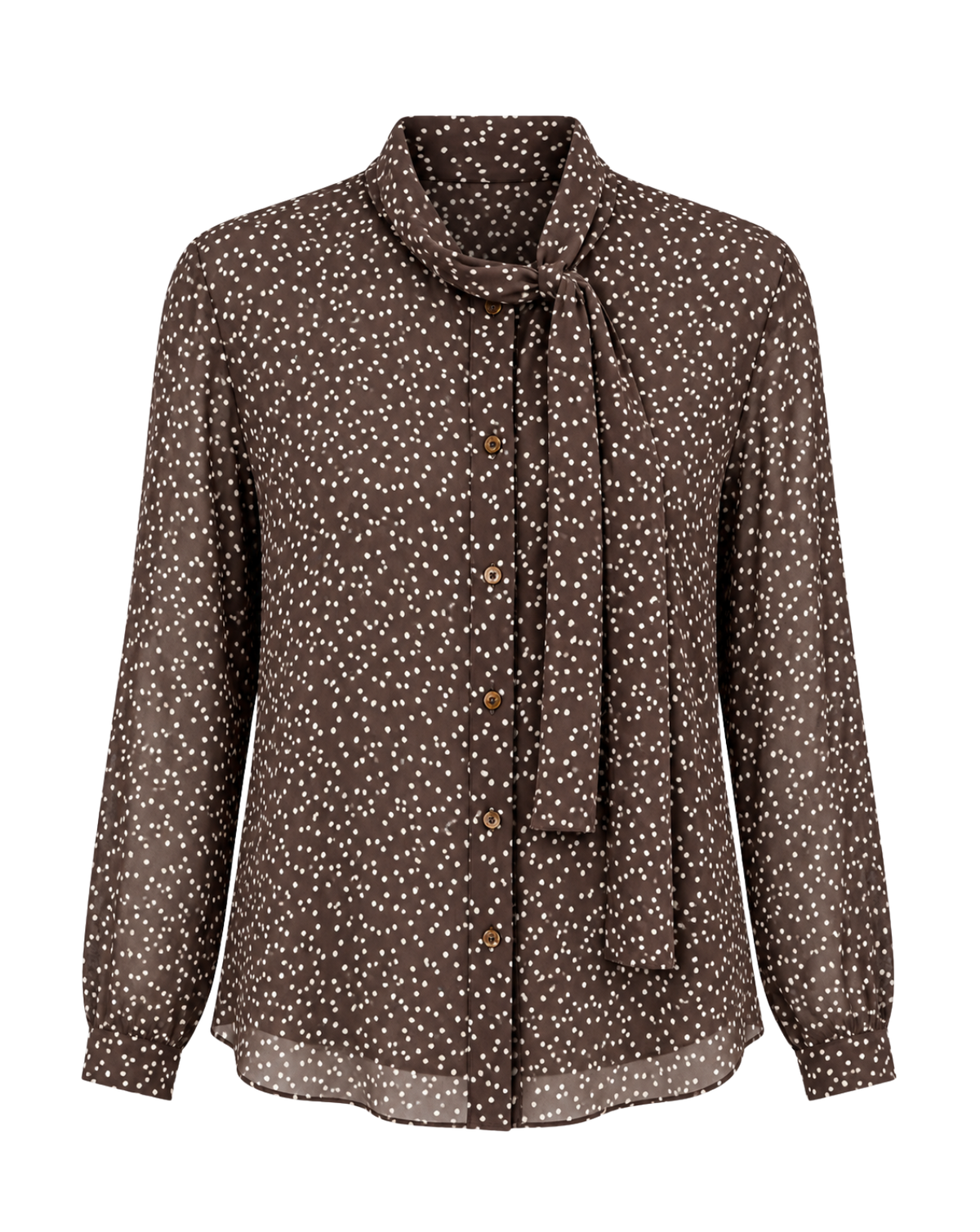 A brown long-sleeve blouse with a small white ditsy print and a tie-neck detail, shown against a plain white background.