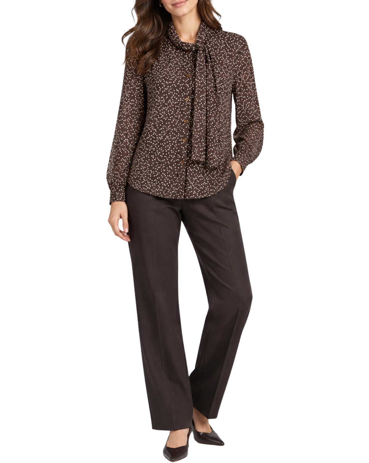 A woman modeling a brown and black patterned long-sleeve blouse with a tie-neck detail, paired with dark brown wide-leg trousers and dark brown pointed flats, against a plain white background.