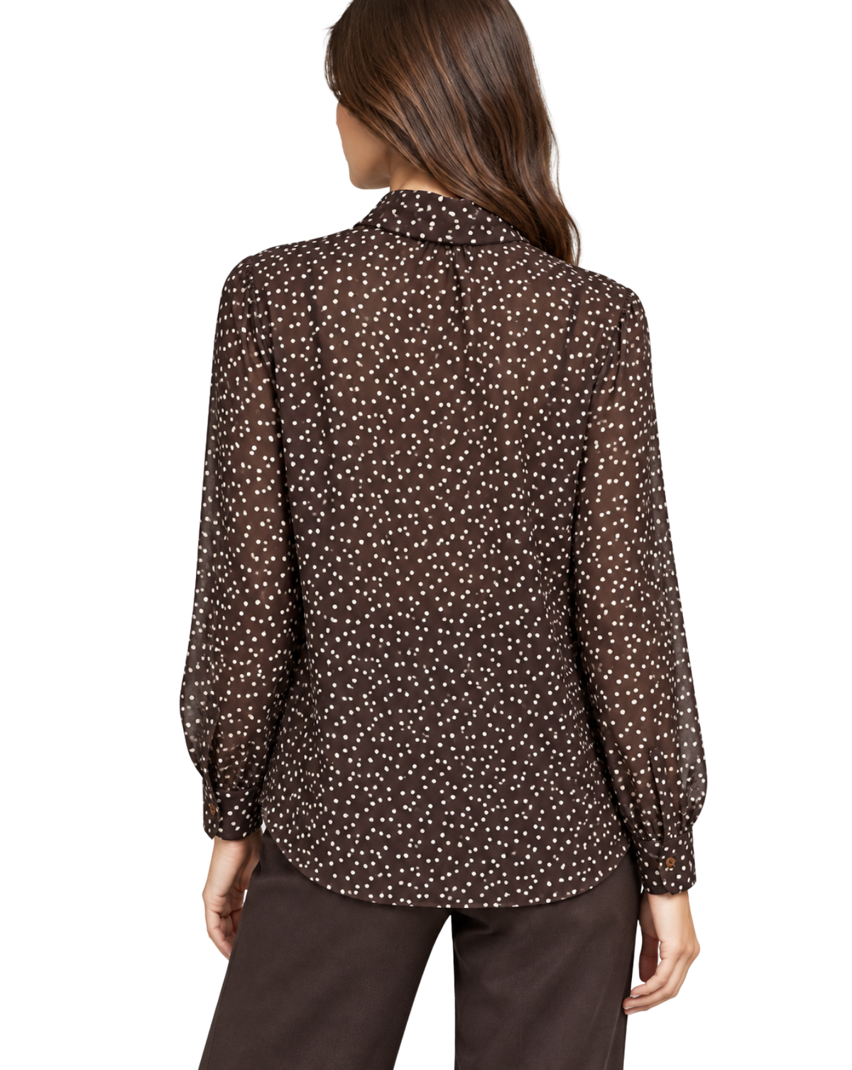 A woman shown from the back wearing a sheer dark brown long-sleeve blouse with a small white polka dot pattern and dark brown pants, against a plain white background.