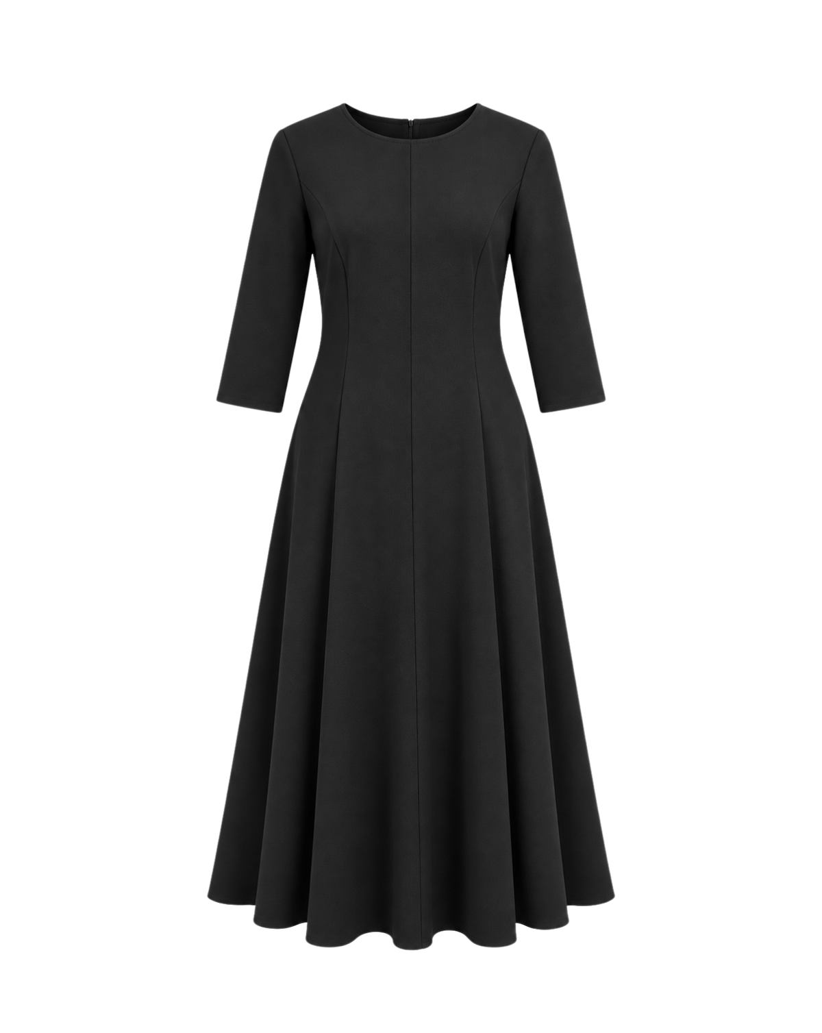 A black three-quarter sleeve fit-and-flare dress with a round neckline, shown against a plain white background.