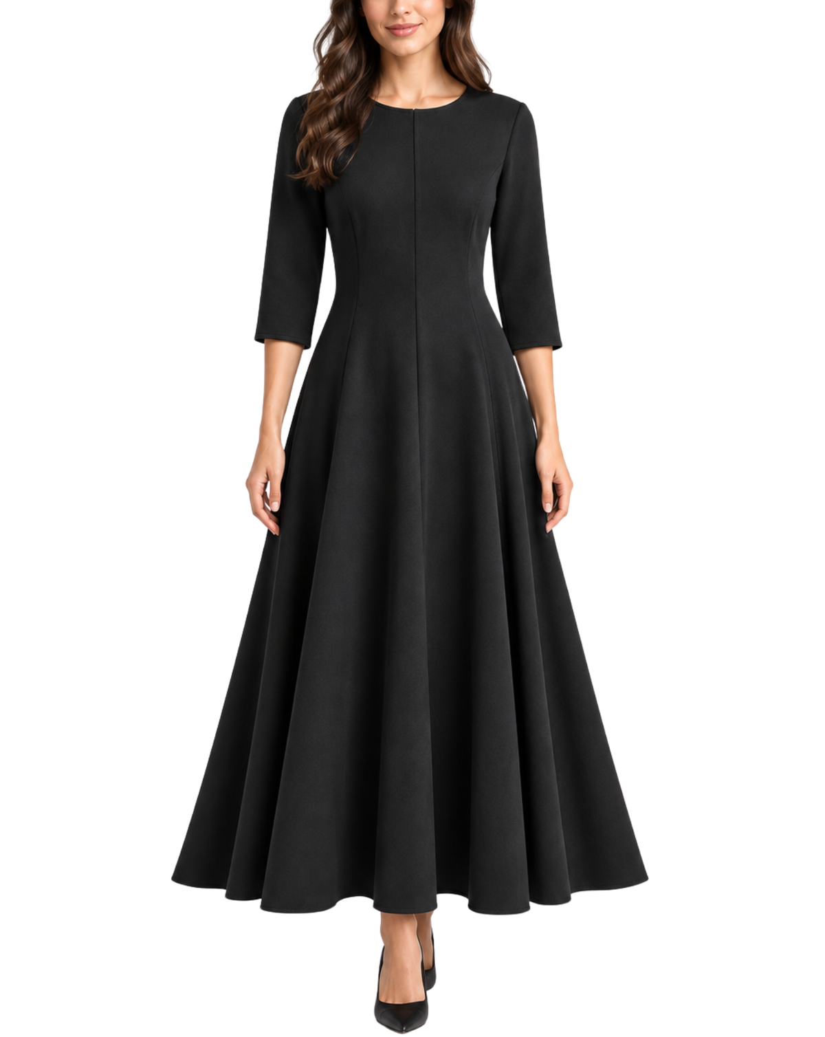 A woman modeling a black three-quarter sleeve maxi dress with a structured bodice and a full, flared skirt, paired with black heels, against a plain white background.