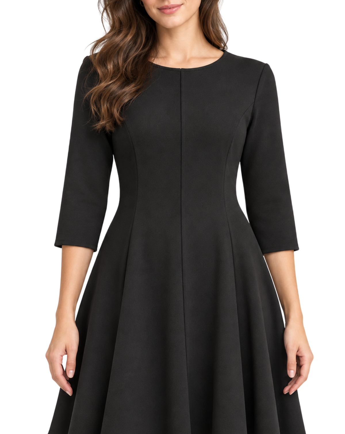 A woman wearing a black three-quarter sleeve fit-and-flare dress against a plain white background.