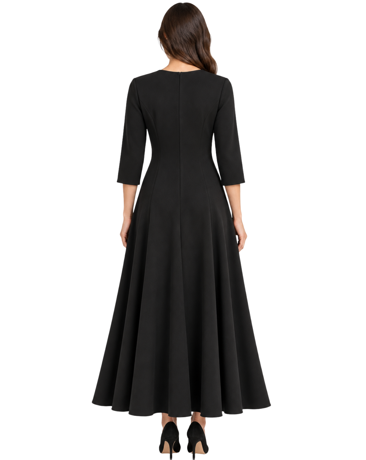 A woman shown from the back wearing a black three-quarter sleeve maxi dress with a flared skirt, paired with black high heels, against a plain white background.