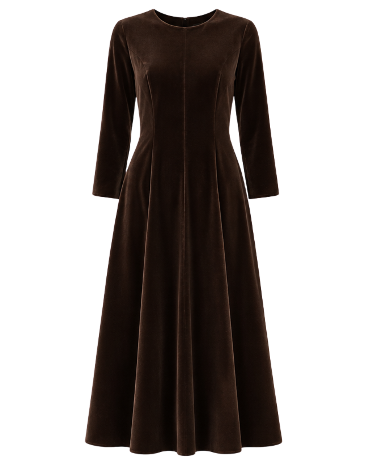 A long-sleeved, floor-length brown velvet dress with a round neckline and a flared skirt, shown against a plain white background.