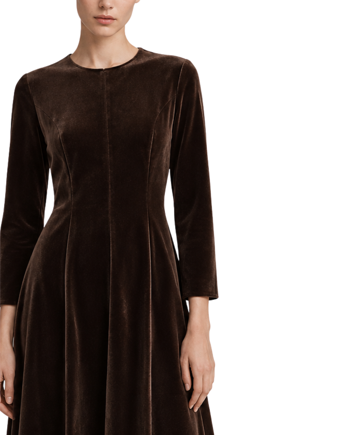 A woman wearing a dark brown velvet long-sleeve dress against a plain white background.