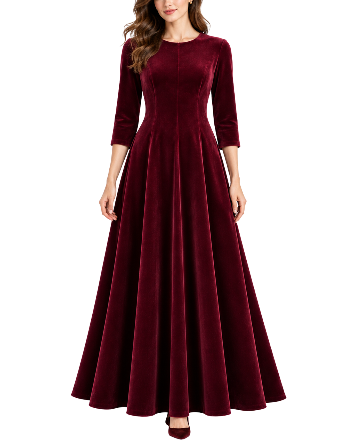 A woman wearing a floor-length burgundy velvet gown with three-quarter sleeves, shown against a plain white background.