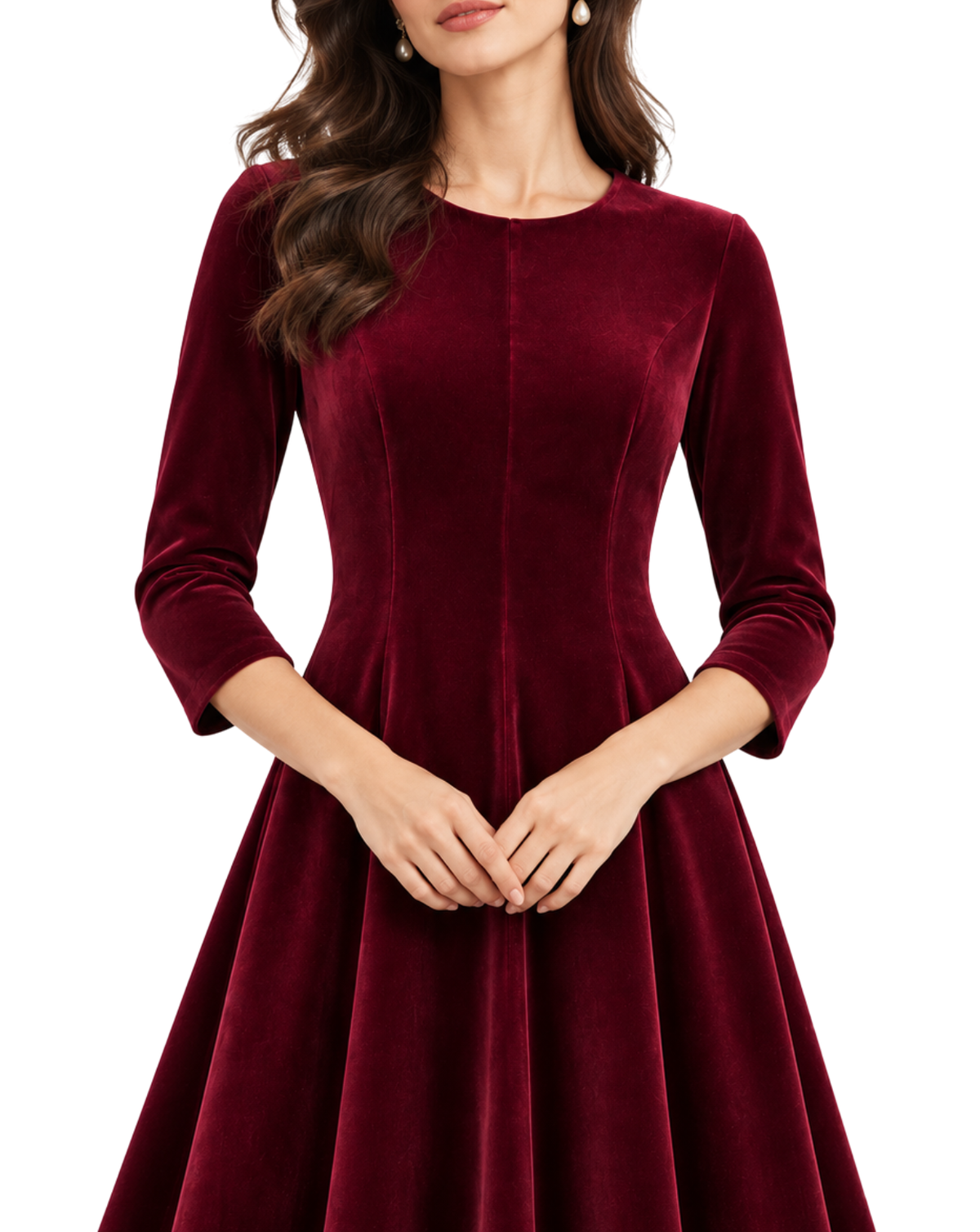 A woman wearing a long-sleeve velvet dress in deep burgundy, featuring a round neckline, fitted bodice, and flared skirt, shown against a plain white background.