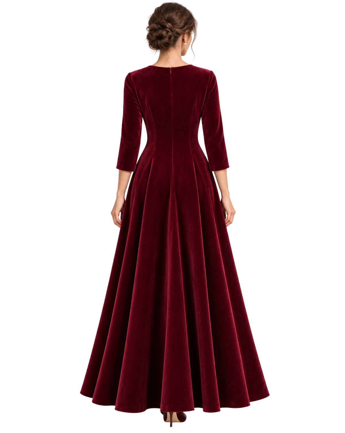 A woman viewed from the back wearing a floor-length burgundy velvet gown with three-quarter sleeves and a fitted waist, shown against a plain white studio background.