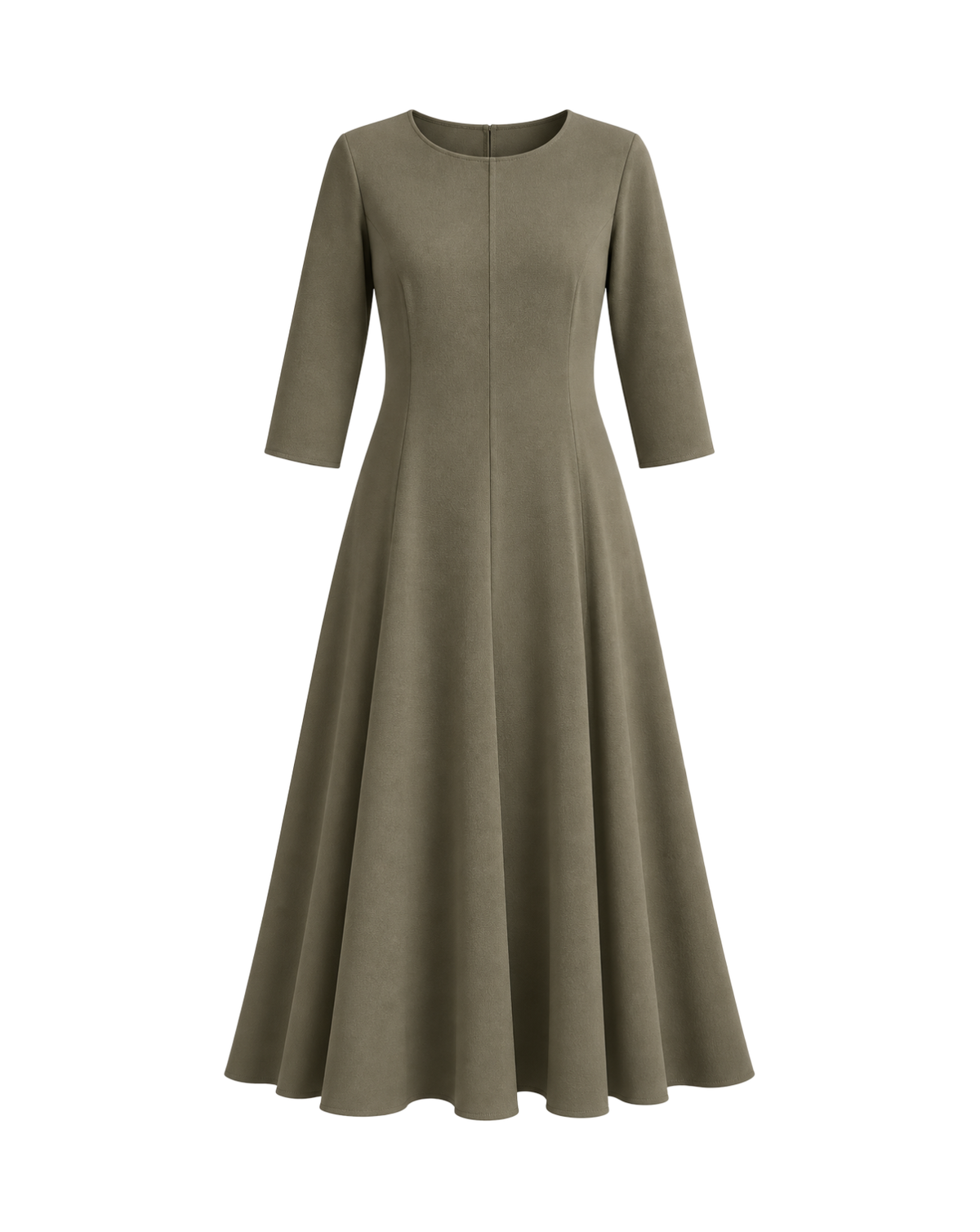 A three-quarter sleeve A-line midi dress in a muted olive green color, shown against a plain white background.