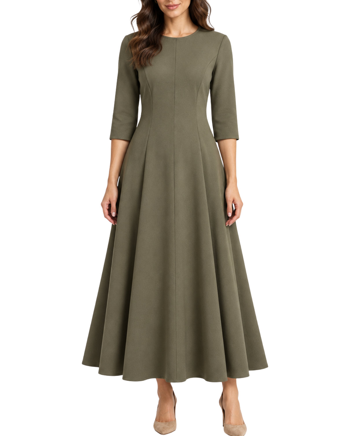 A woman modeling a long, olive green midi dress with three-quarter sleeves, a round neckline, and a flared skirt, paired with beige heels against a plain white background.