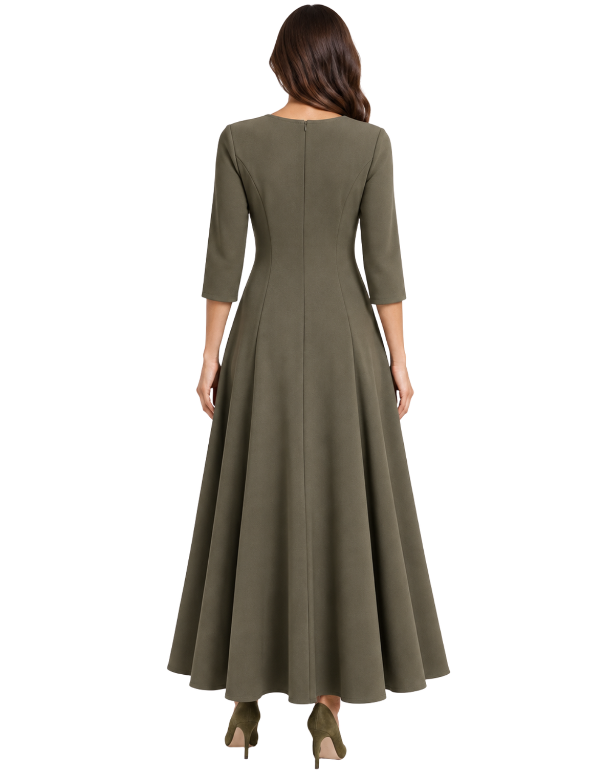 A woman shown from the back wearing a long olive green dress with three-quarter sleeves and a flared skirt, paired with matching green heels, against a plain white background.