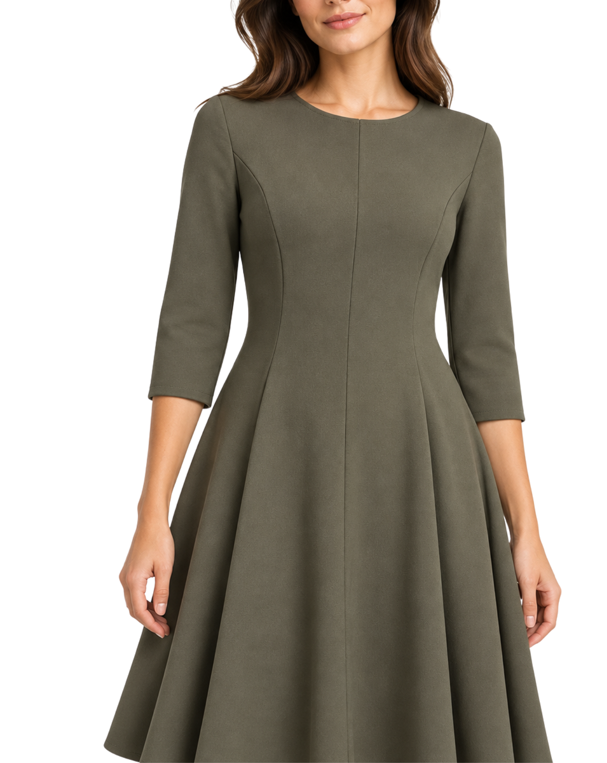 A woman wearing a knee-length olive green dress with three-quarter sleeves and a flared skirt, shown against a plain white background.