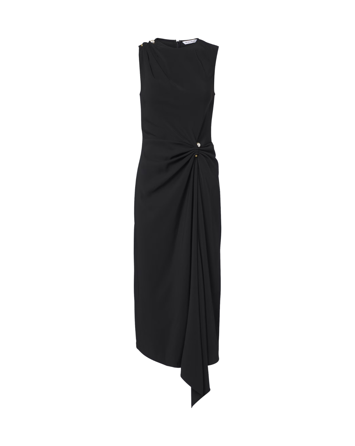 A sleeveless black midi dress with a draped, asymmetrical wrap detail at the waist, shown against a plain white background.