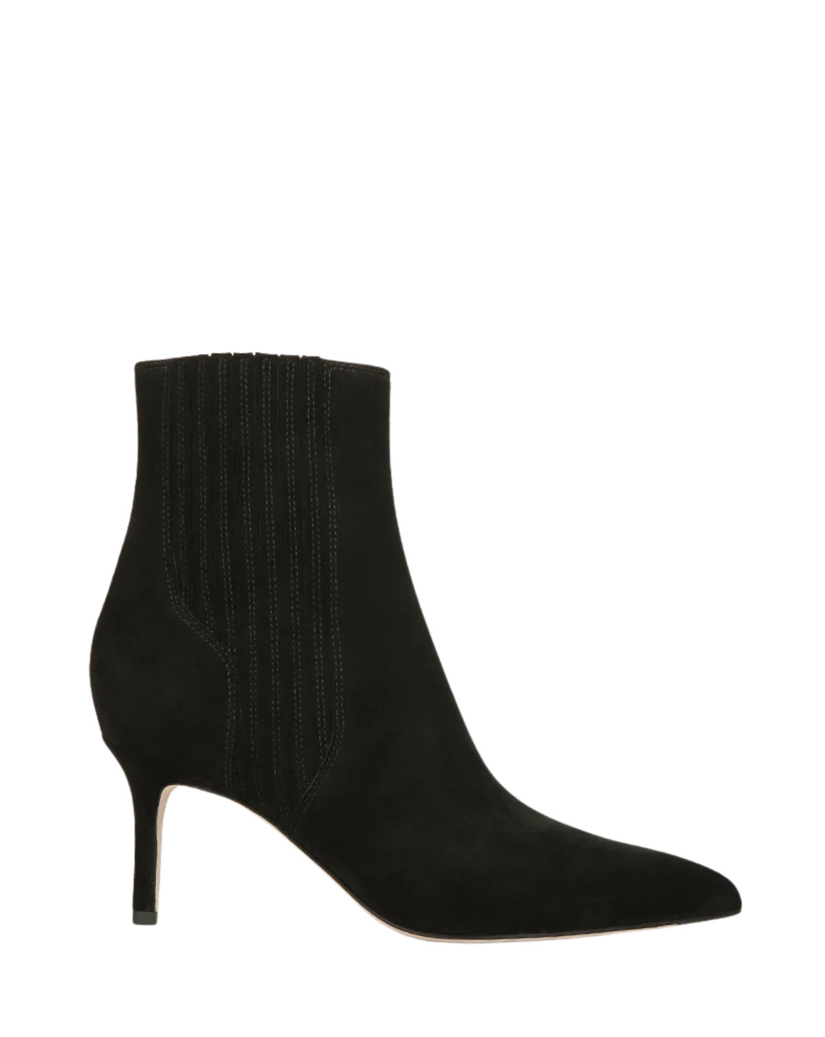 A single black suede ankle boot with a pointed toe and a slim kitten heel, featuring vertical ribbed elastic side panels, shown against a plain white background.