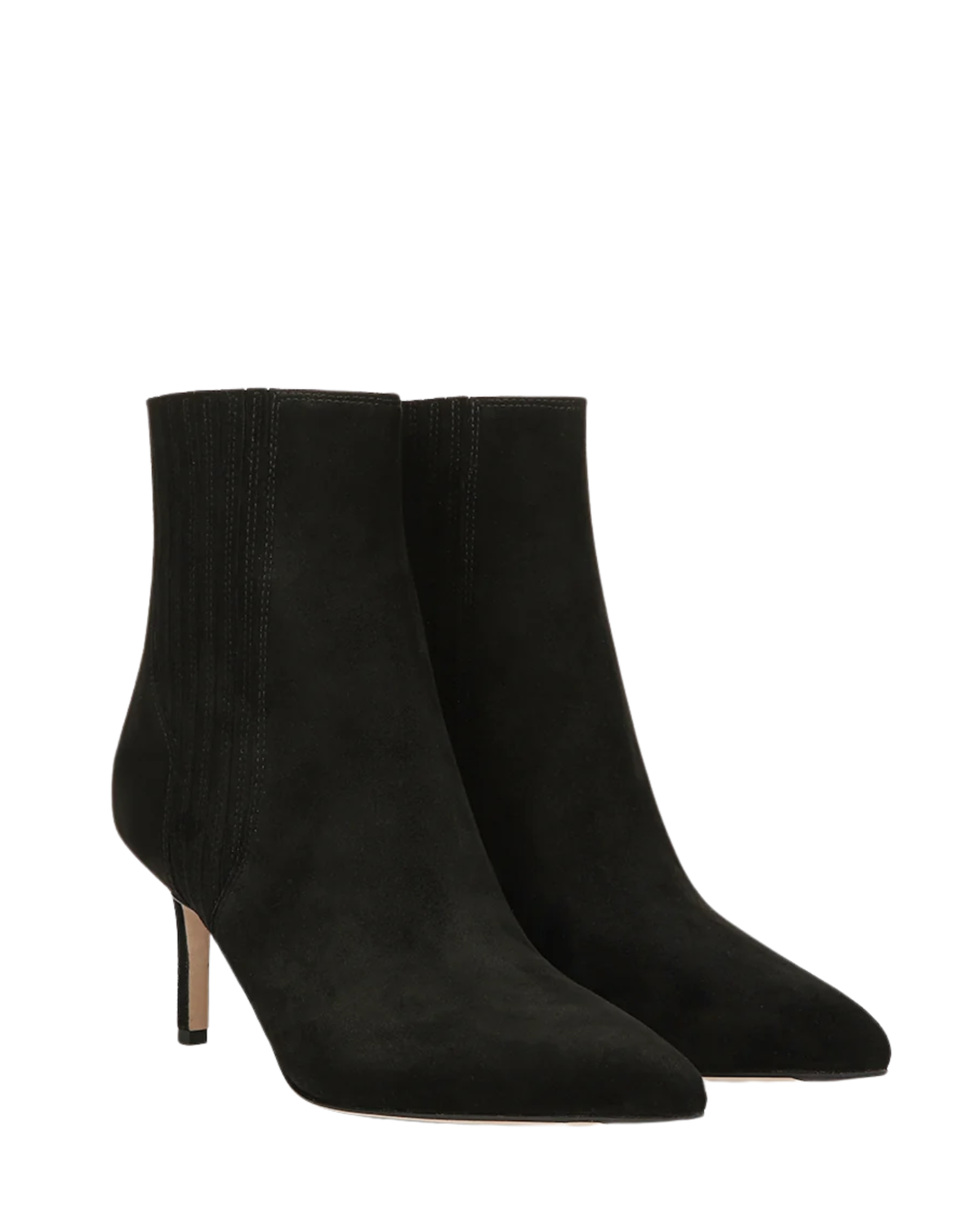 A pair of black suede ankle boots with pointed toes and slim high heels, shown against a plain white background.
