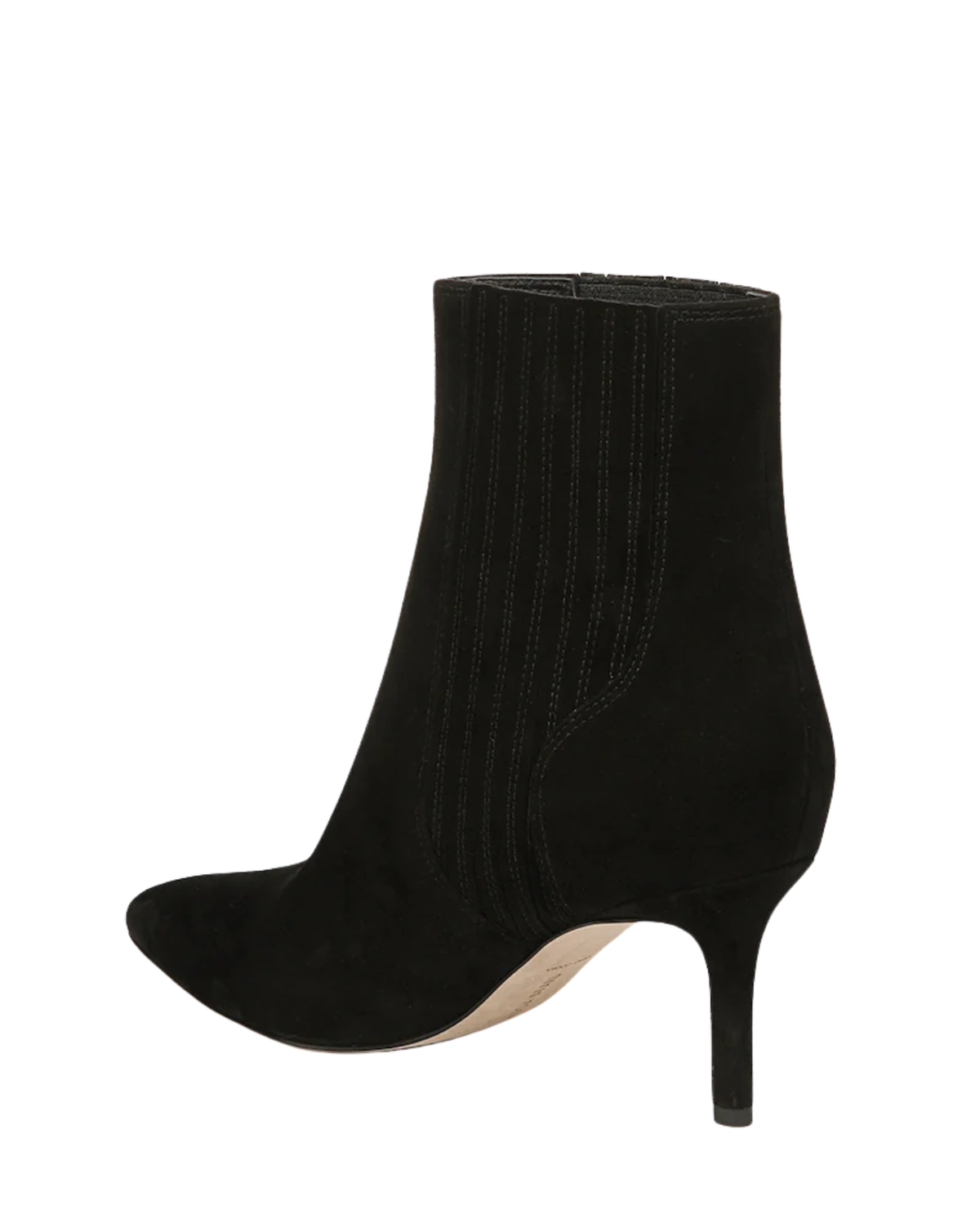 A black suede ankle boot with a pointed toe, a slim stiletto heel, and vertical ribbed knit detailing on the side, shown from a side profile view against a white background.