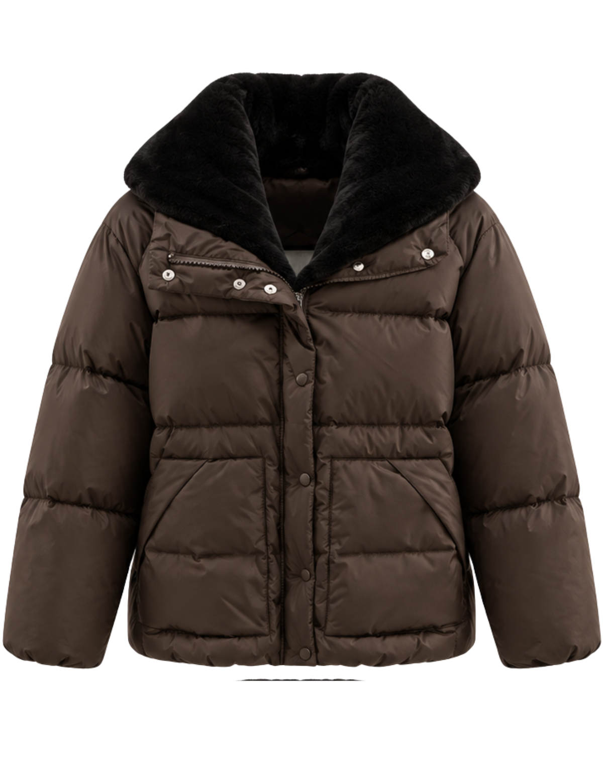 A dark brown puffer jacket with a plush black faux-fur collar, shown against a plain white background.