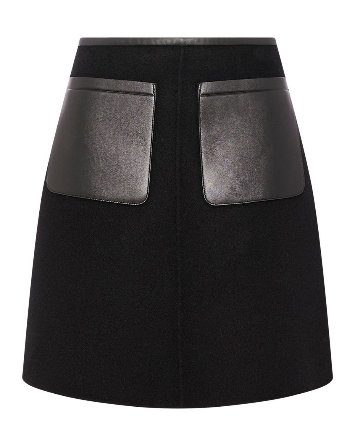 A black A-line mini skirt featuring two large, contrasting black leather patch pockets on the back, shown against a plain white background.