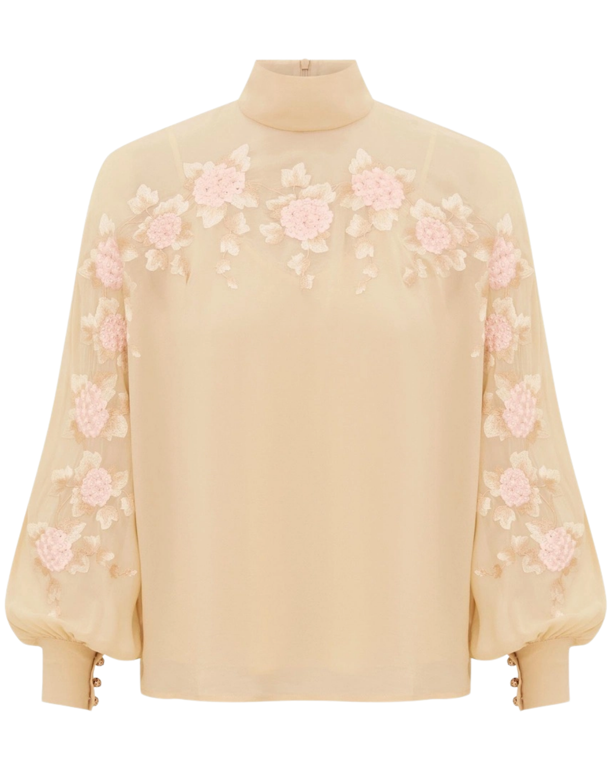 A beige high-neck blouse with sheer long sleeves featuring pink floral embroidery and 3D flower appliqué, shown against a plain white background.