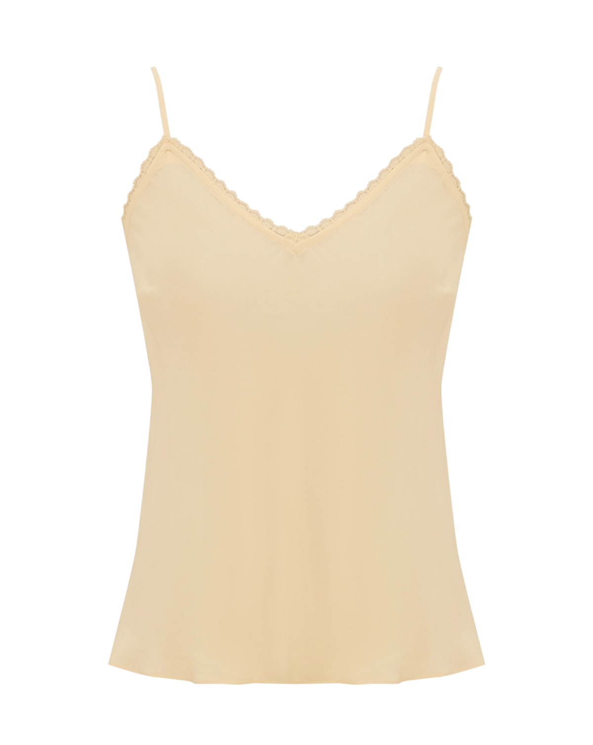 A light beige satin camisole top with thin spaghetti straps and a scalloped lace V-neckline, shown against a plain white background.