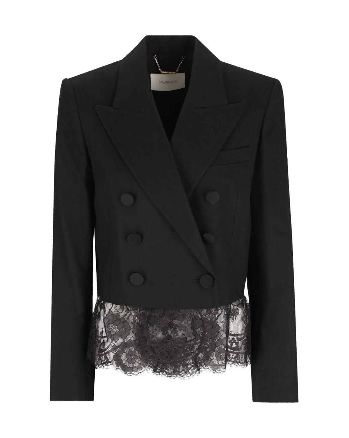 A black double-breasted blazer with wide lapels and a sheer black lace ruffle hem, displayed on a white background.