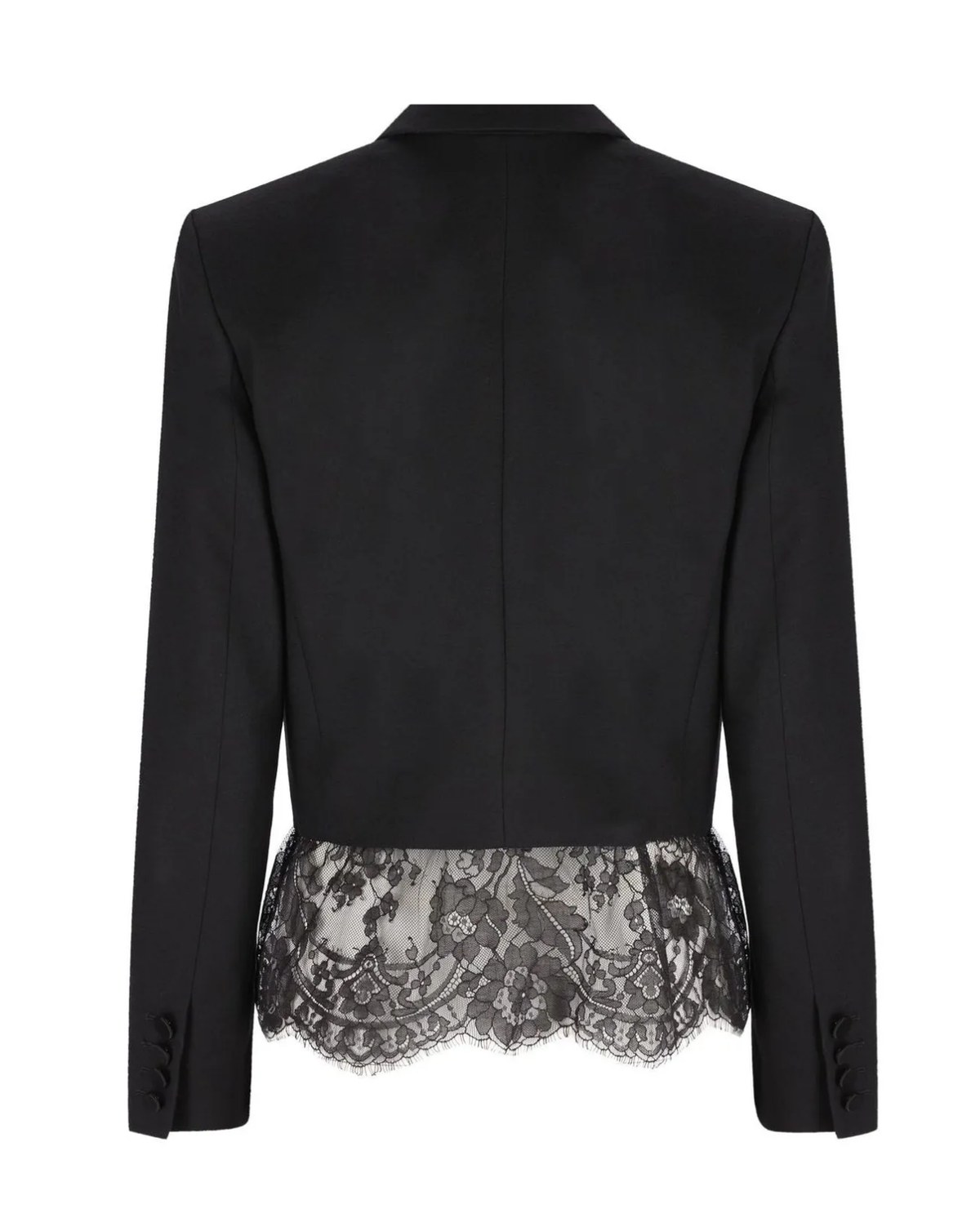 Black long-sleeve blazer shown from the back, featuring a structured silhouette and a sheer black lace ruffle trim at the hem.