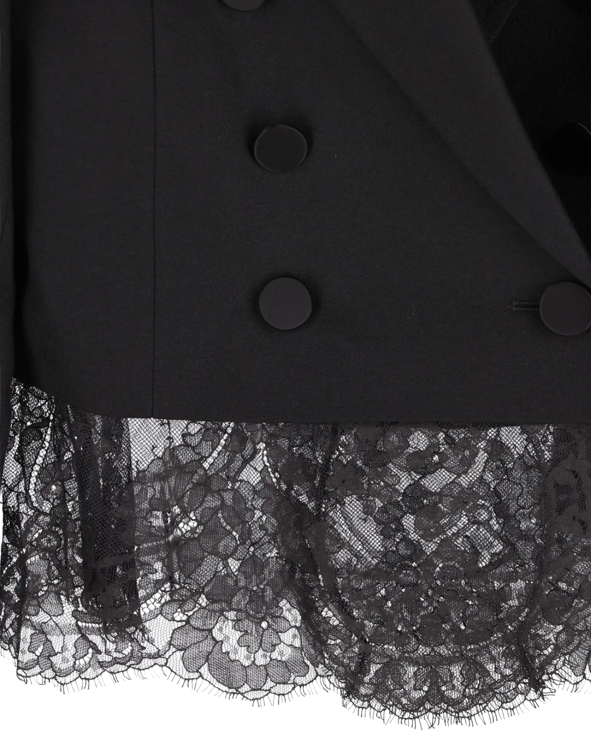 Close-up of a black double-breasted blazer featuring a sheer black lace ruffle hem and matte black buttons.