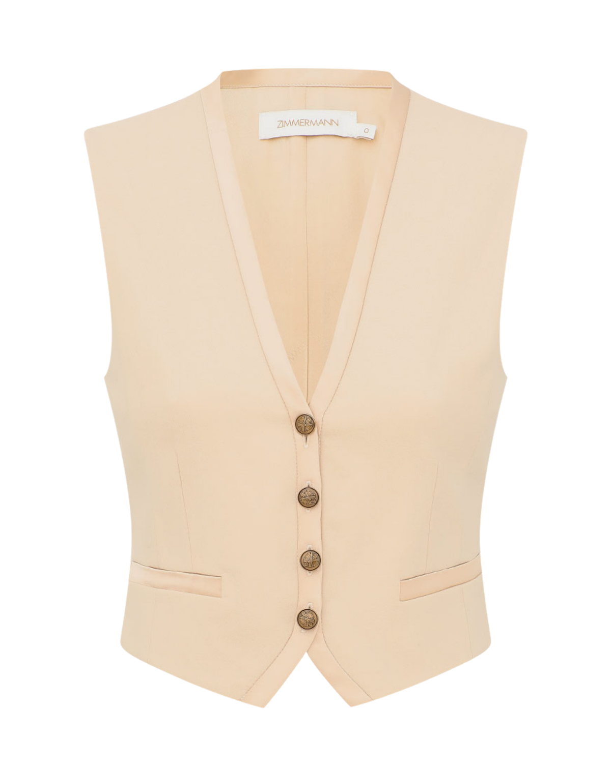 A light beige women's vest with a deep V-neck, four brown buttons, and two front welt pockets, shown on a plain white background.