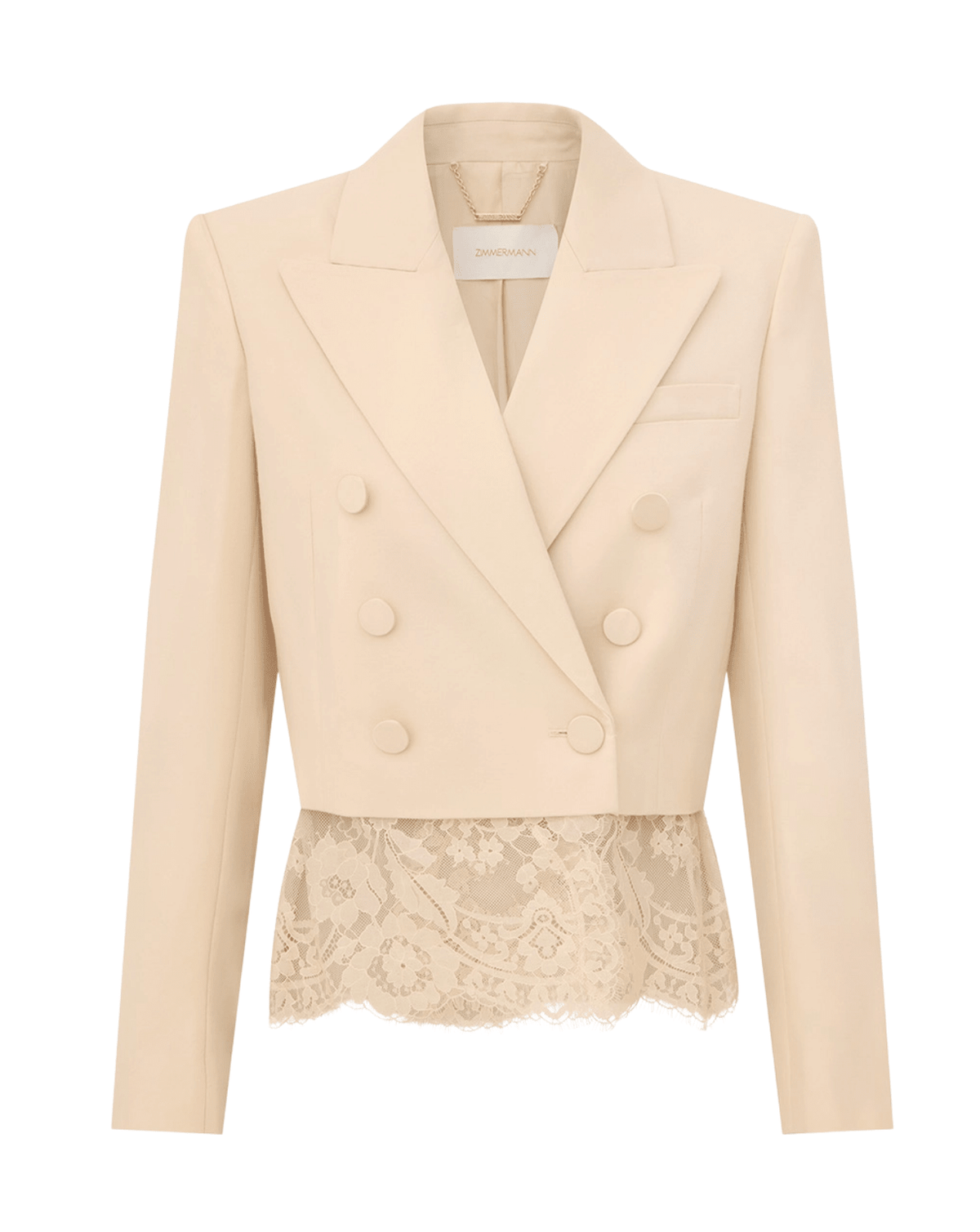 A cream-colored double-breasted blazer with structured shoulders and a matching lace peplum hem, shown against a plain white background.