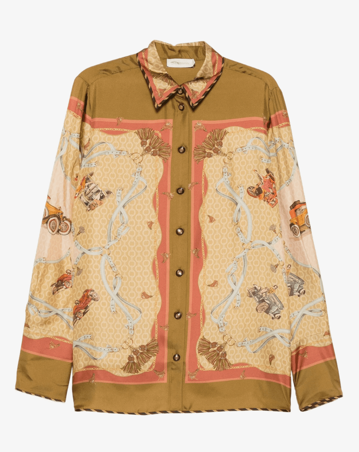A long-sleeve button-up shirt with a complex vintage-style print featuring horses, carriages, and figures. The shirt has a solid olive-brown collar, cuffs, and hem, with a beige body decorated with coral-pink borders and light blue scrollwork.