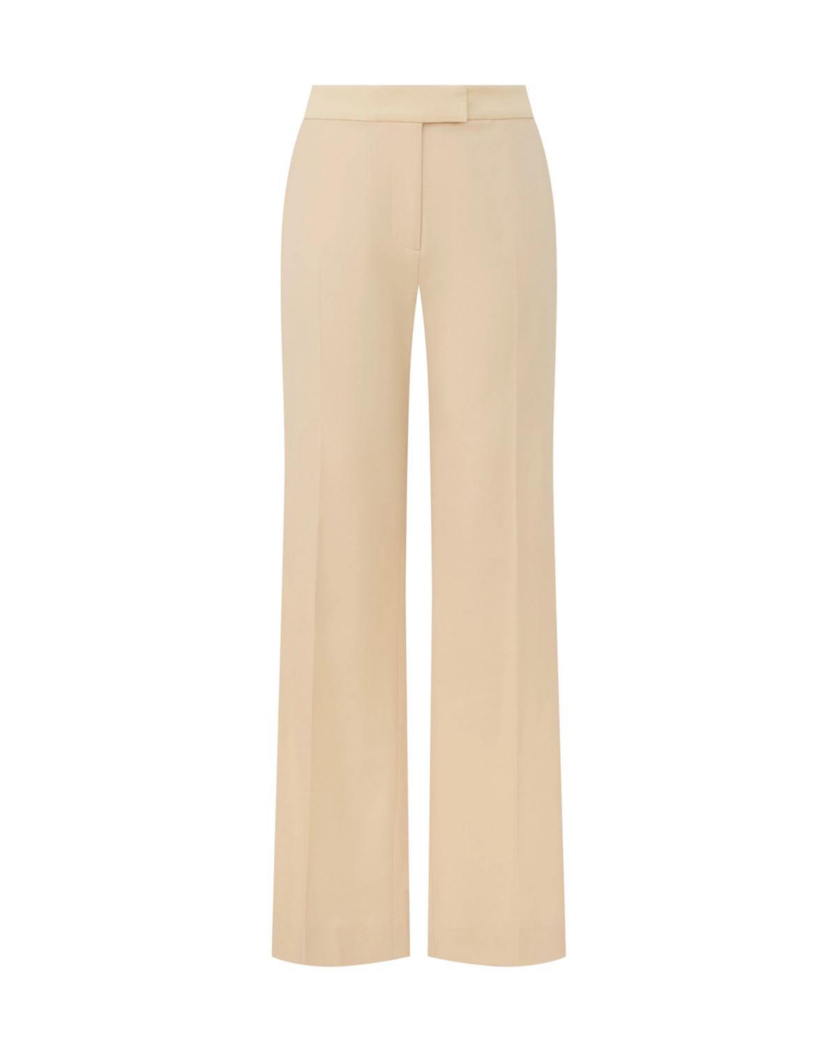A pair of high-waisted, wide-leg trousers in a light beige or cream color, shown flat against a solid white background.