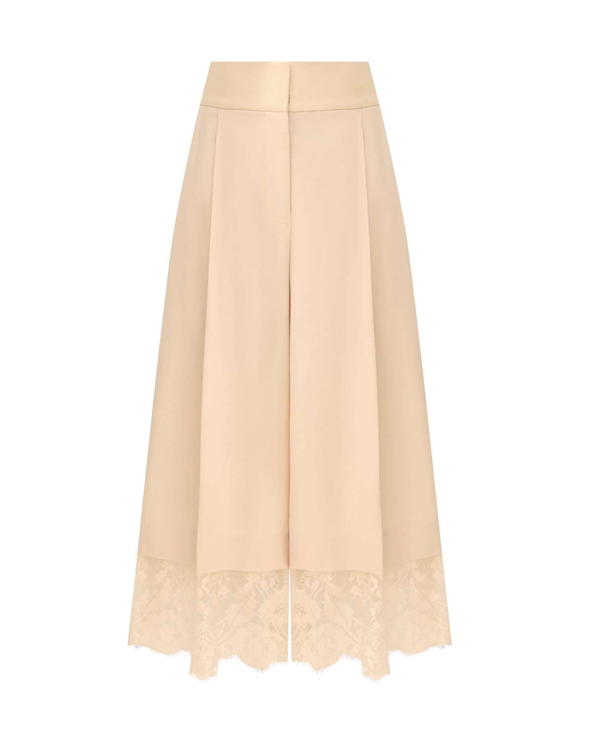 A high-waisted, wide-leg midi skirt in a light beige or cream color, featuring a matching fabric waistband and a delicate lace overlay along the bottom hem.